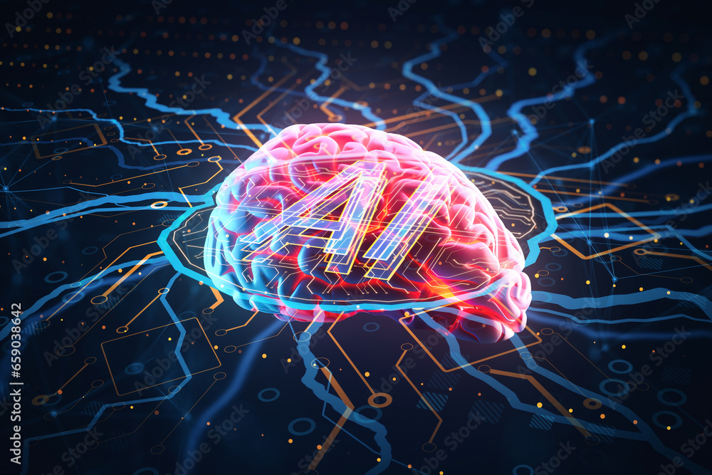 Aufkleber Artificial intelligence concept with circuit brain on blue background. Generative AI
