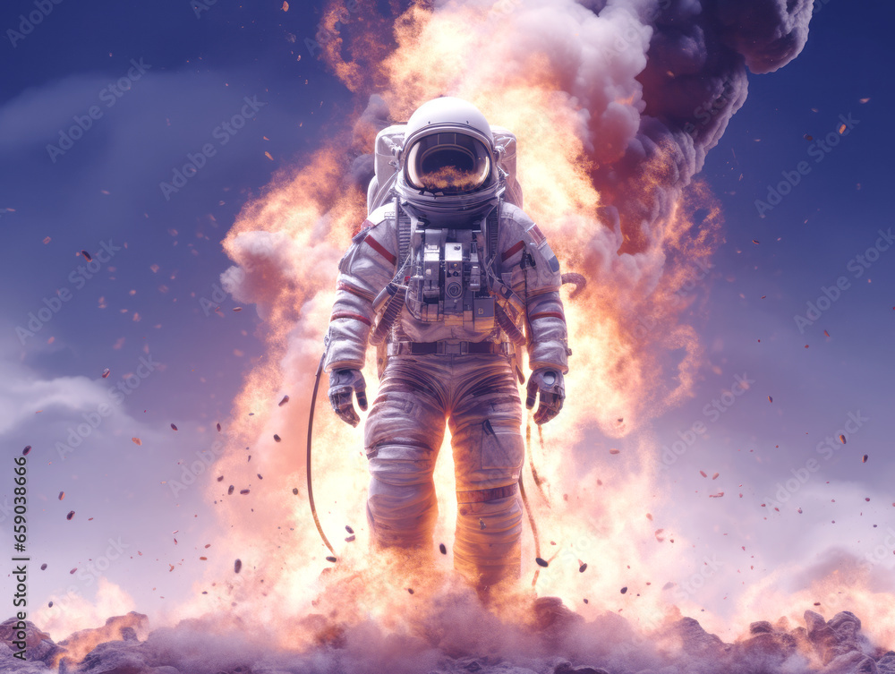 Poster astronaut in the fire of the planet. generative ai