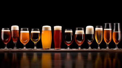 Many different types of beer glasses lined up on a dark background
