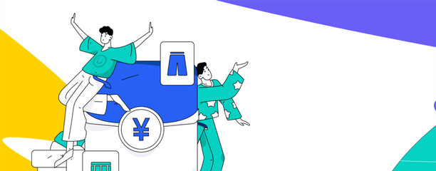 Holiday shopping people doing e-commerce online shopping flat vector concept operation hand drawn illustration
