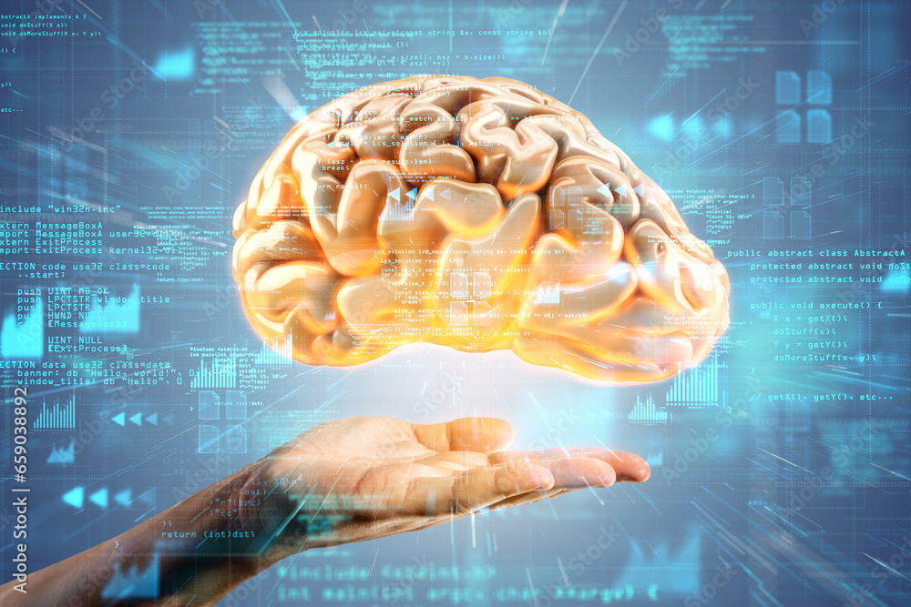 Poster close up of human hand holding brain in palm. big data concept. generative ai