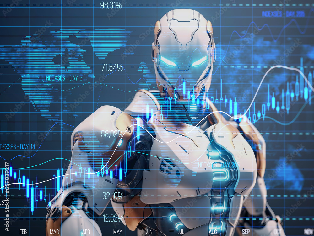 Poster humanoid robot with forex chart on dark blue background. generative ai