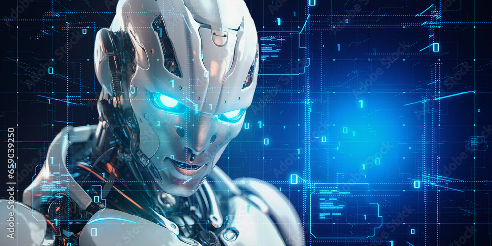 Poster robot humanoid face close up. artificial intelligence concept. generative ai