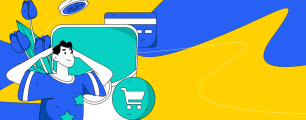 Holiday shopping people doing e-commerce online shopping flat vector concept operation hand drawn illustration
