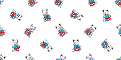 dog french bulldog seamless pattern Christmas gift box Santa Claus hat vector puppy pet doodle snowflake cartoon gift wrapping paper polka dot tile background repeat wallpaper illustration scarf isola