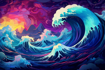 giant tsunami waves in neon colors - obrazy, fototapety, plakaty