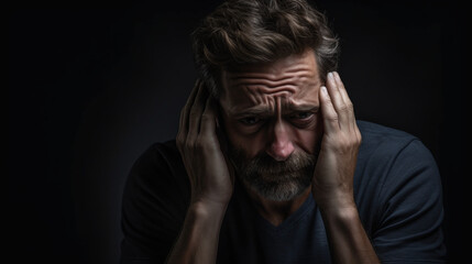 A male dealing with depressive feelings on a black background.