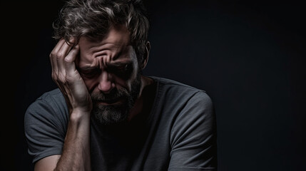 A man struggling with depression on a black background.