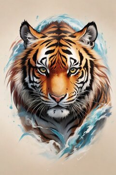 A detailed illustration of vintage tiger head, splash, print, t-shirt design.