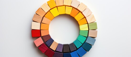 Obraz premium Circle made of wooden blocks in different colors symbolizing unity placed on a white background with shadows