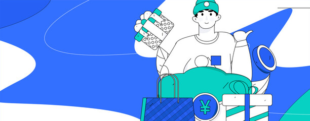 Holiday shopping people doing e-commerce online shopping flat vector concept operation hand drawn illustration
