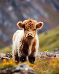 Fototapeta premium Innocence in the Meadow: A Cute Calf Amidst Nature's Canvas