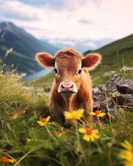Innocence in the Meadow: A Cute Calf Amidst Nature's Canvas