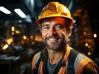 Portrait of a smiling male worker in a factory. Industry concept. Generative AI - obrazy, fototapety, plakaty