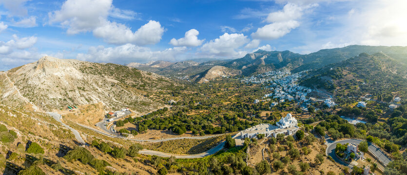 Landscape with Filoti town, mountain village on the island of Naxos in Greece Cyclades