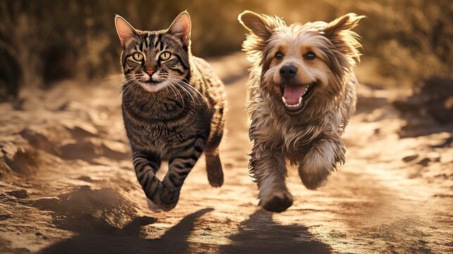 happy Cat and dog running towards camera