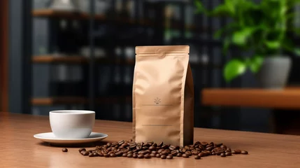 A brown coffee paper bag packaging mockup with spilled coffee beans on a coffee table, a mockup in Photoshop and Photoshop Elements, a mockup in PSD, a mockup for marketing, a mockup for packaging © ND STOCK