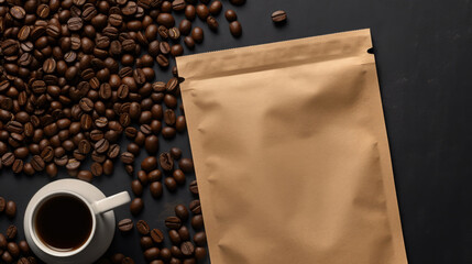A brown coffee paper bag packaging mockup with spilled coffee beans on a coffee table, a mockup in...