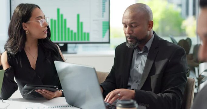 Laptop, team leader or business people meeting, talking and consulting on financial report, online sales or research. Project teamwork, group cooperation and black man work on finance spreadsheet