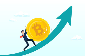 Businessman investor trying hard to push bitcoin up rising up arrow graph and chart, Bitcoin and crypto price rising up, soaring, price increase, crypto currency value growth, mass adoption (Vector)