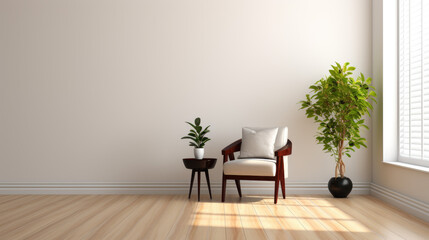 An empty white room with a wooden floor and potted a plant and Sofa 