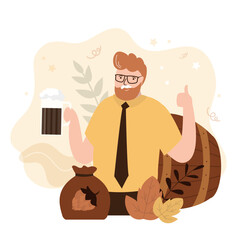 Bearded man drinks craft beer. Hipster man with a beard holds glass of beer. flat design for bar and menu design. Happy man enjoying cold alcoholic drink.