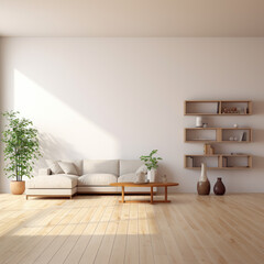 Fototapeta na wymiar An empty white room with a wooden floor and potted a plant and Sofa 