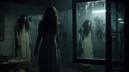 An eerie, vintage scene where a ghostly woman gazes into an antique mirror, creating a haunting and introspective atmosphere in a mysterious, historic room