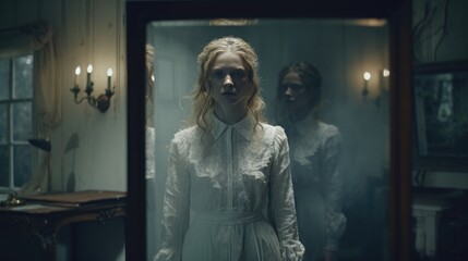 An eerie, vintage scene where a ghostly woman gazes into an antique mirror, creating a haunting and introspective atmosphere in a mysterious, historic room
