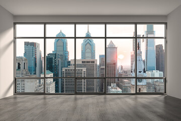 Fototapeta na wymiar Empty room Interior Skyscrapers View Cityscape. Downtown Philadelphia City Skyline Buildings from High Rise Window. Beautiful Real Estate. Sunset. 3d rendering.