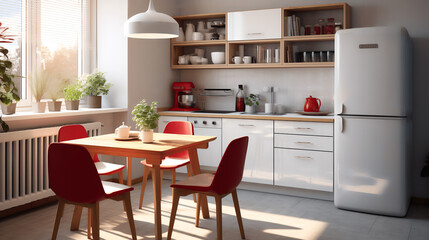 Small, Illuminated Kitchen with White Dining Table, Red Chairs, and Natural Light, generative Ai
