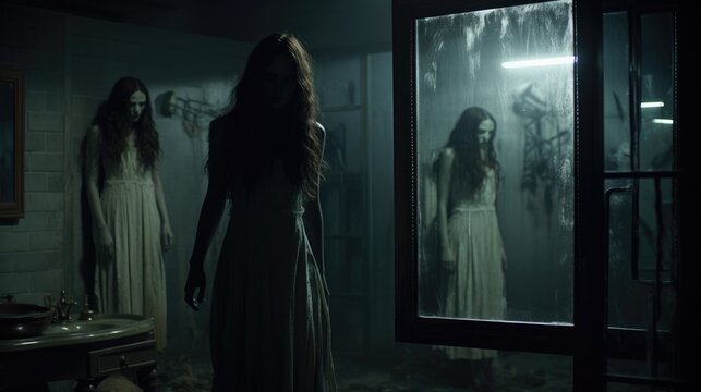 An eerie, vintage scene where a ghostly woman gazes into an antique mirror, creating a haunting and introspective atmosphere in a mysterious, historic room