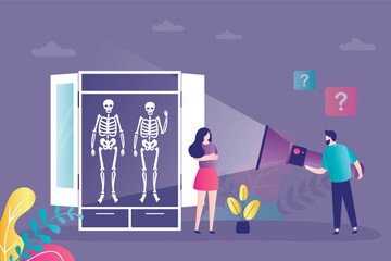 Man with flashlight discovers hidden fears of girlfriend. Skeletons in wardrobe. Metaphoric idiom. Human fears and experiences, secrets. Difficulty family relations.