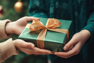 Two kids hands holding green present box with gold satin ribbon. Present for Christmas, New year, Three Kings day - obrazy, fototapety, plakaty