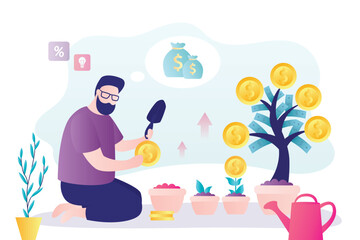 Smart businessman growing money trees. Male character with watering can, gold coins and earnings. Development various business projects, investment in future,
