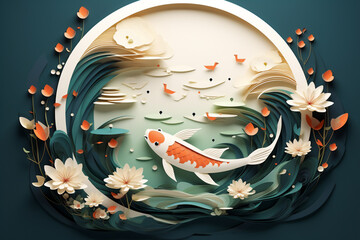 Discover the intricate beauty of our papercut-style fish in an organic frame. This vector graphic showcases colorful aquatic life with nested shape layers, creating an artistic and decorative masterpi