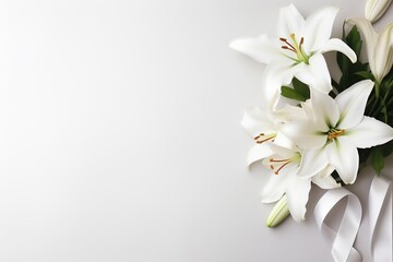 White lily bouquet with ribbon on white background.Funeral Concept