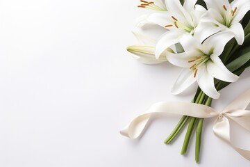 White lily bouquet with ribbon on white background.Funeral Concept