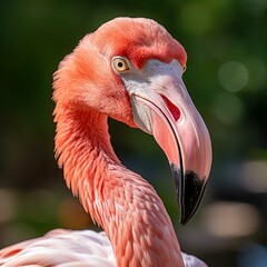 Pink flamingo headshot looking at camera. 
