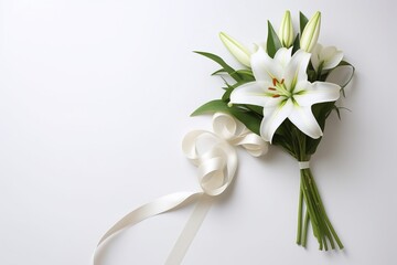 White lily bouquet with ribbon on white background.Funeral Concept