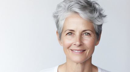 Happy laughing adult 50 years old woman. Happy woman on a grey background. The concept of health care, mental health. Skin care beauty, skincare cosmetics, advertising concept.
