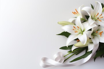 Fototapeta na wymiar White lily bouquet with ribbon on white background.Funeral Concept