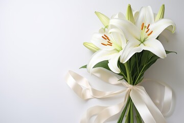 White lily bouquet with ribbon on white background.Funeral Concept