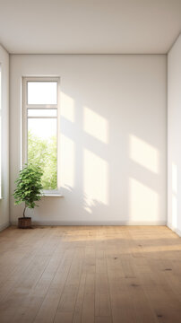 An empty white room with a wooden floor and potted a plant