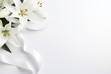 White lily bouquet with ribbon on white background.Funeral Concept - obrazy, fototapety, plakaty