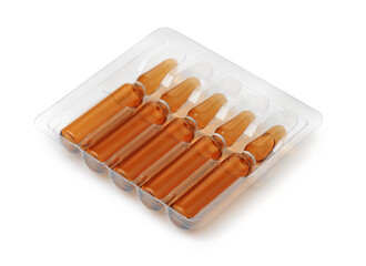 Amber glass injection ampoules on packing tray