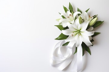 White lily bouquet with ribbon on white background.Funeral Concept