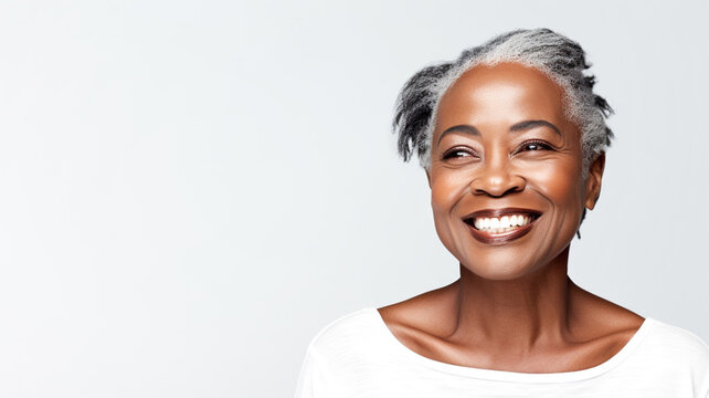 Black beautiful woman portrait with smooth health skin face. Beautiful aging mature woman with gray hair and happy smiling touch face. Skin care beauty, skincare cosmetics, advertising concept.