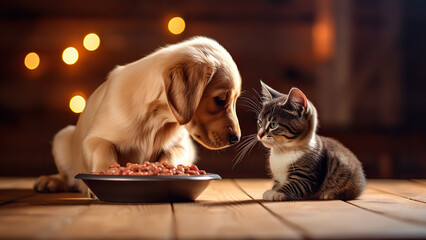 Cat and dog on the table with food.