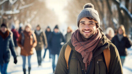 stockphoto, copy space, Cheerful male abroad student on campus with other students walking in background, winter scene. Young adult people, education, winter. Young male student on the campus. Outdoor